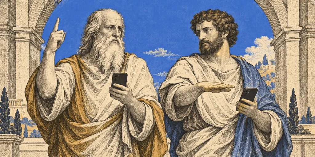 Plato and Aristotle in a classical academy, each holding a phone