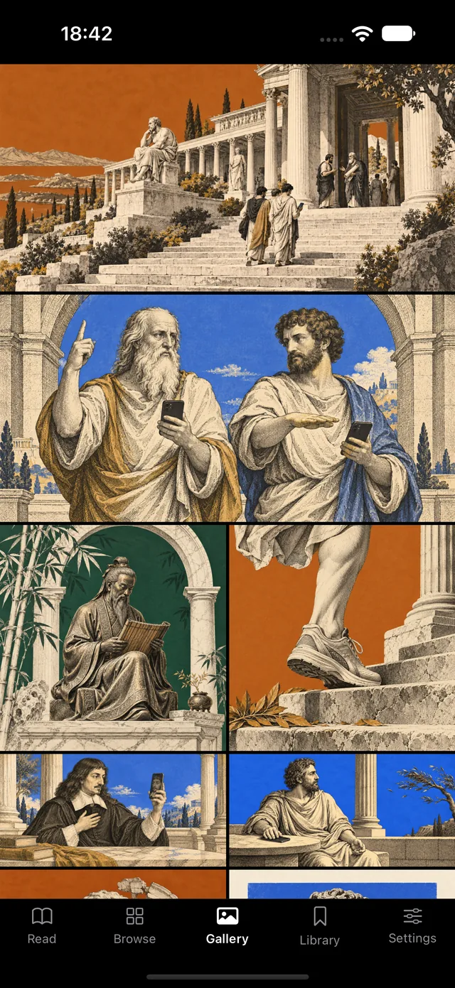 The app’s scrolling gallery of illustrated quotations, categories and reading paths