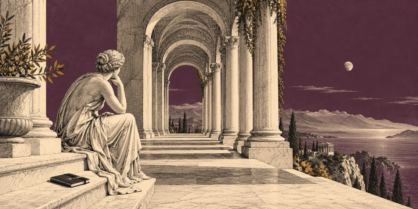 A solitary figure in a Roman portico looking toward a distant horizon