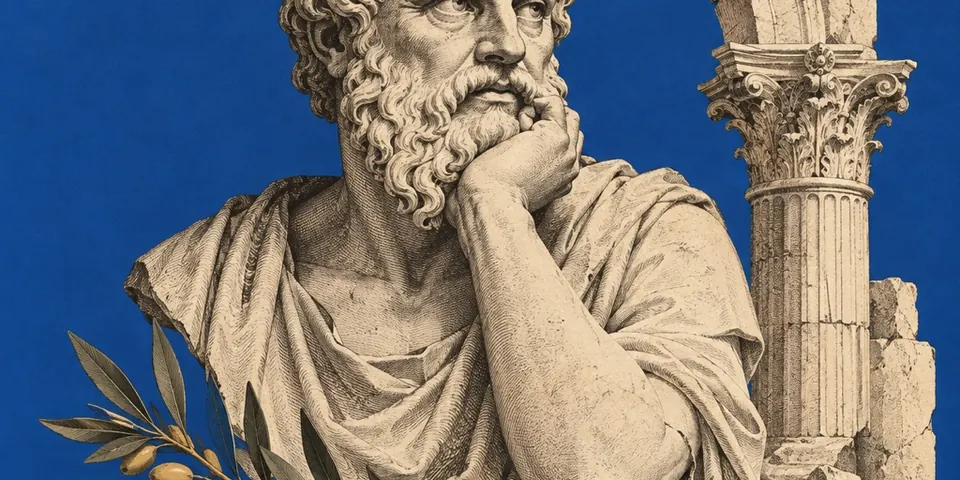 A bearded marble bust rests its chin on one hand beside a broken column and olive leaves.
