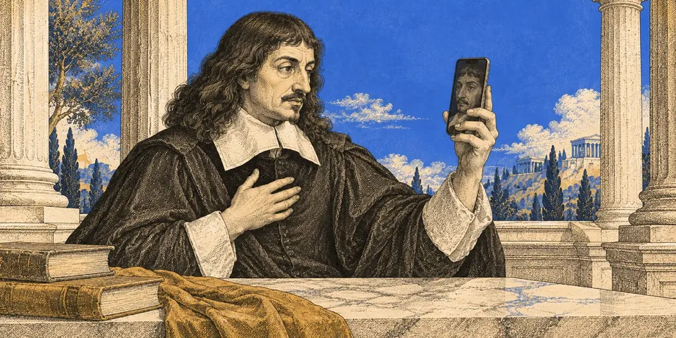 Descartes looks at a smartphone beside books in a classical courtyard.