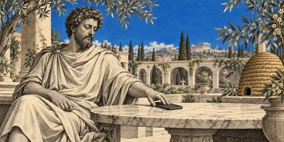 Marcus Aurelius reaches toward a smartphone beside a beehive in a Roman garden.