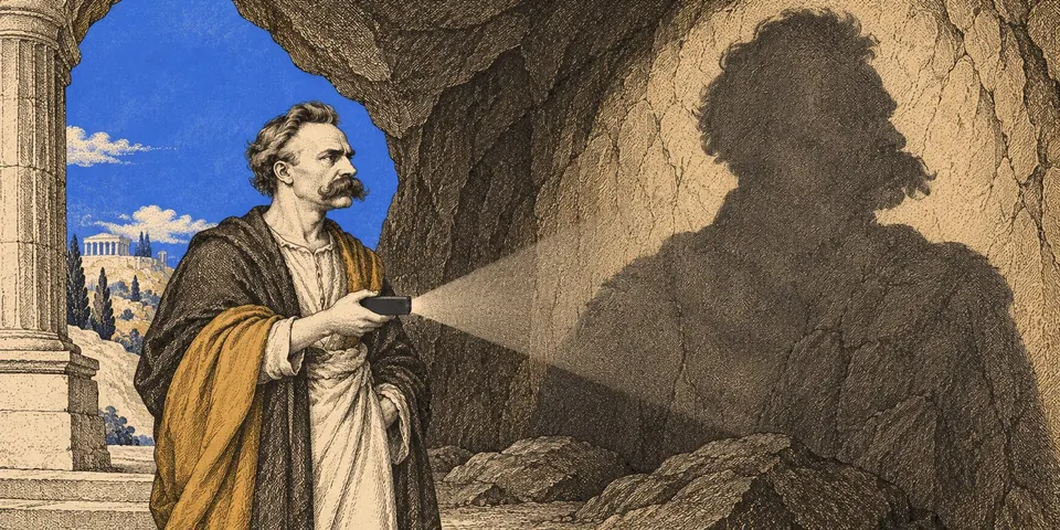 Nietzsche uses a smartphone light to cast his shadow on a cave wall.