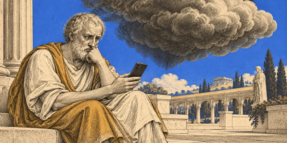 Seneca reads a smartphone beneath a dark cloud in a Roman courtyard.