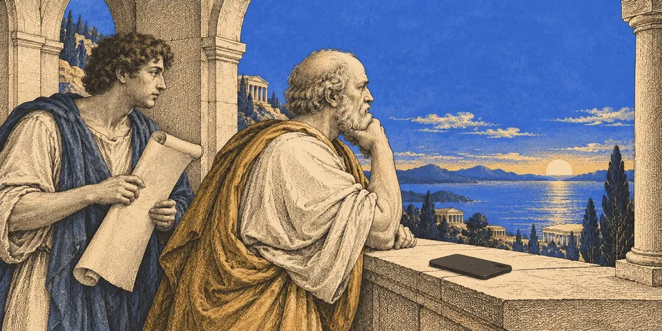 Socrates and a scroll-carrying companion sit beside a smartphone in a seaside portico.