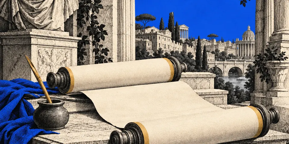 An open scroll and ink pot between classical columns, with Rome beyond.