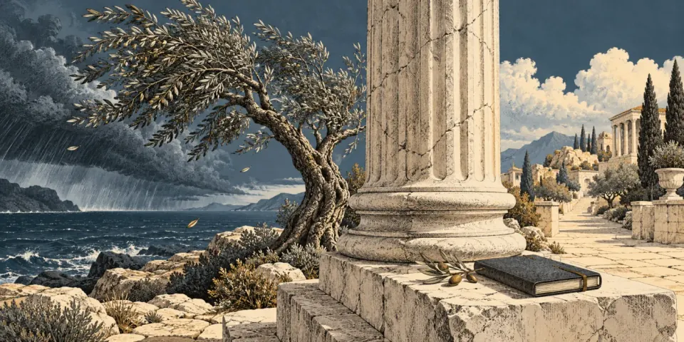 An olive tree and a Roman column in a windblown classical landscape