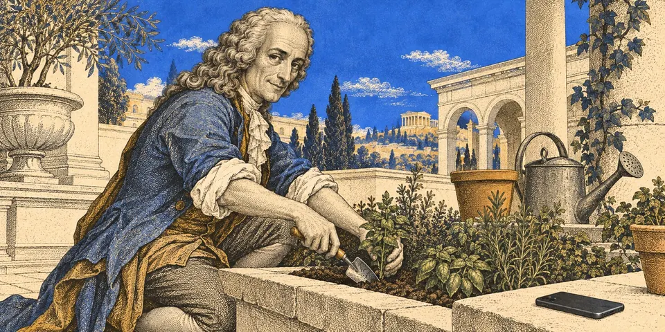 Voltaire tends plants in a Roman courtyard, with a smartphone resting on the garden wall.